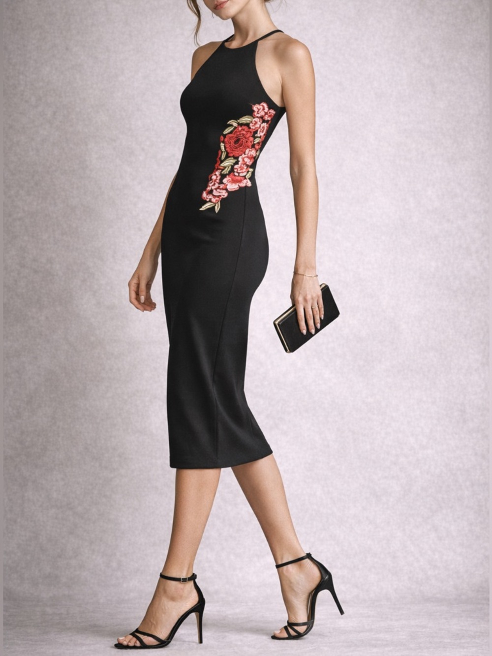 Bisou Bisou Black Halter Bodycon Midi Dress Floral Embroidery Stretch size 8 US